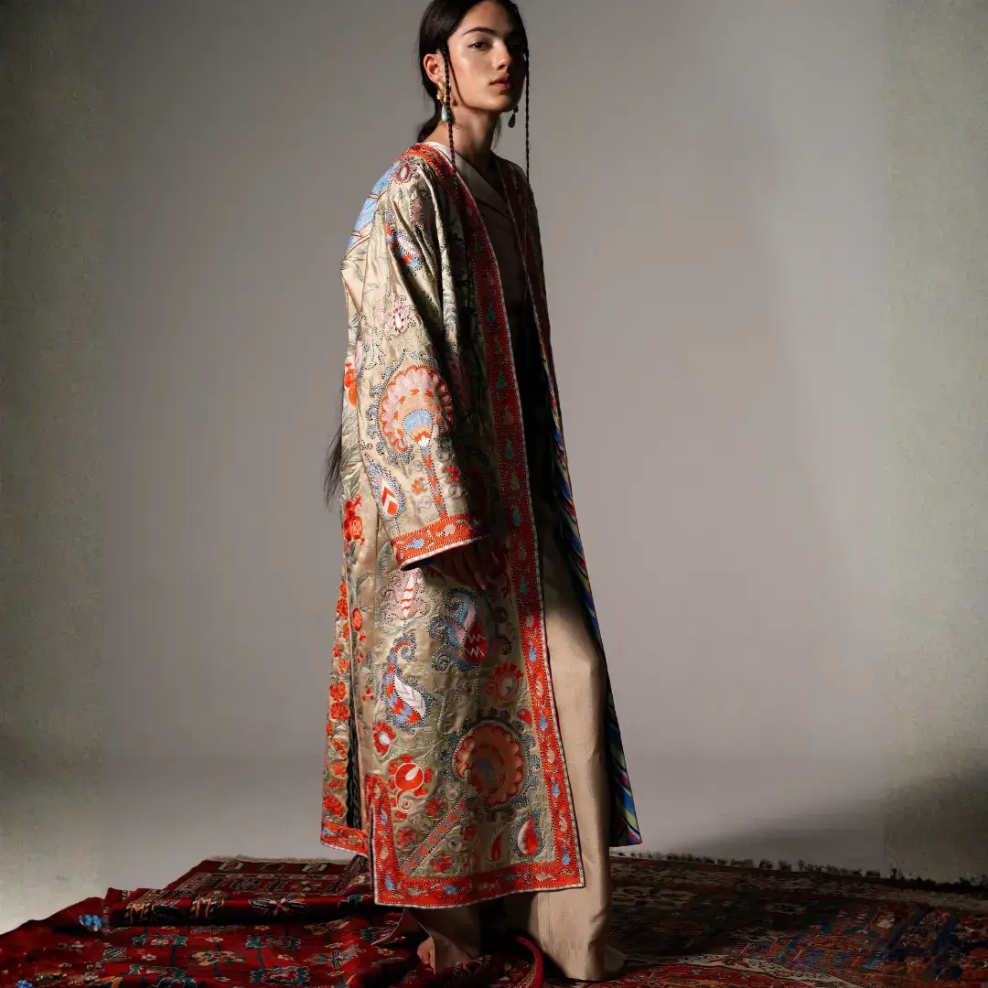 Chapan 05 (front) Luxury Silk Suzani Chapan – Akmal Nur Artwork & Japanese Beadwork - Image 1
