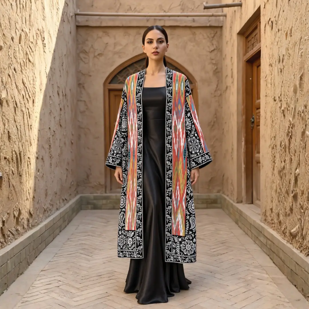 Chapan 07 (front) Handcrafted Silk Suzani Chapan – Ikat-Inspired Uzbek Embroidery - Image 1
