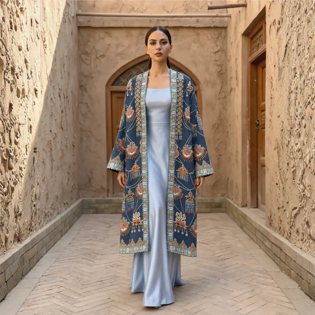 Chapan 08 (front) Sapphire Blue Silk Suzani Chapan – Handcrafted Japanese Beadwork - Image 1