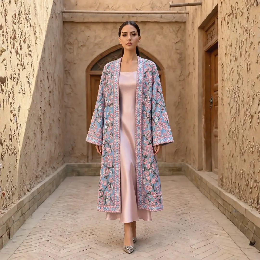 Chapan 09 (front) Sky Blue Silk Suzani Chapan – Spring Floral Embroidery & Japanese Beadwork - Image 1