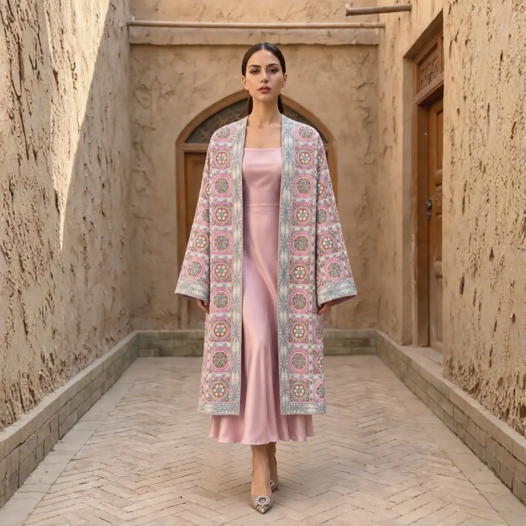 Chapan 10 (front) Blush Pink Silk Suzani Chapan – Geometric Rosette Embroidery & Japanese Beadwork - Image 1
